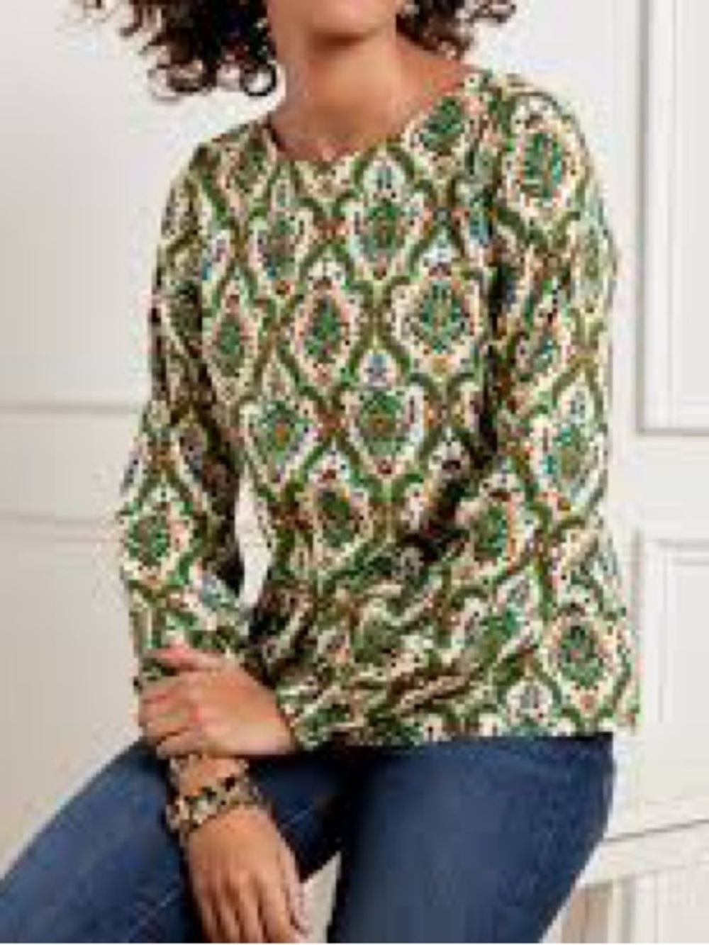 Talbots Floral Lattice Metallic Cotton Long Sleeve Top Sz LP